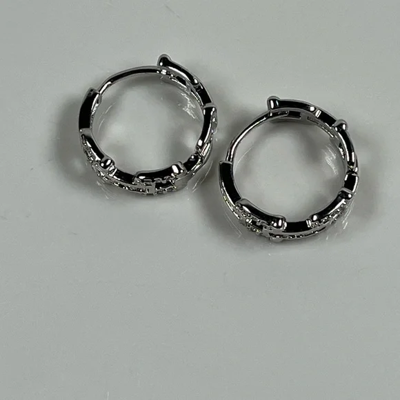 White Gold Plated Clear CZ Huggie Hoop Earrings - Picture 5 of 8